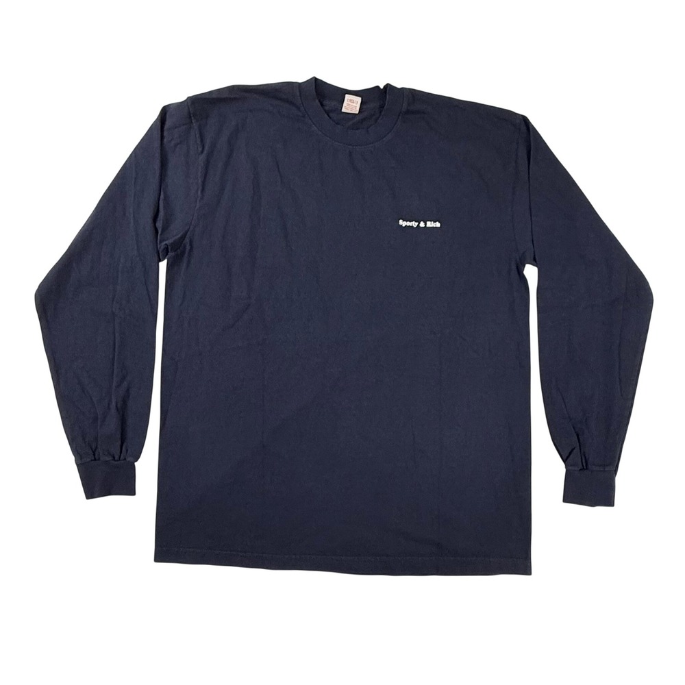 Sporty & Rich Navy Blue Long Sleeve Logo T-Shirt Mens Large Made in USA Cotton
